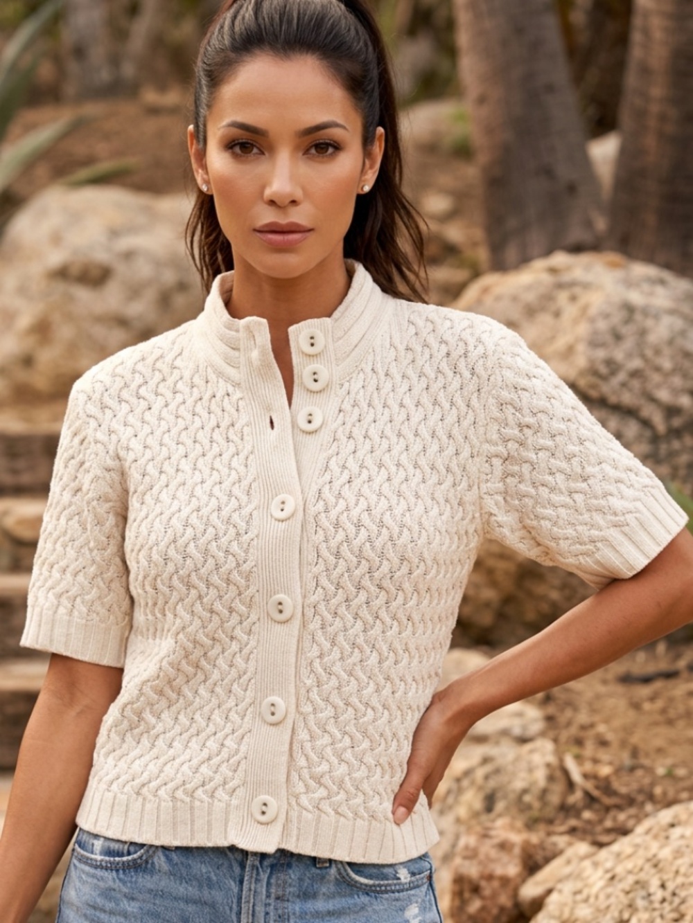 Denver Hayes Short Sleeved Cream Ecru 60% Cotton Cable Knit Cardigan Sweater-L